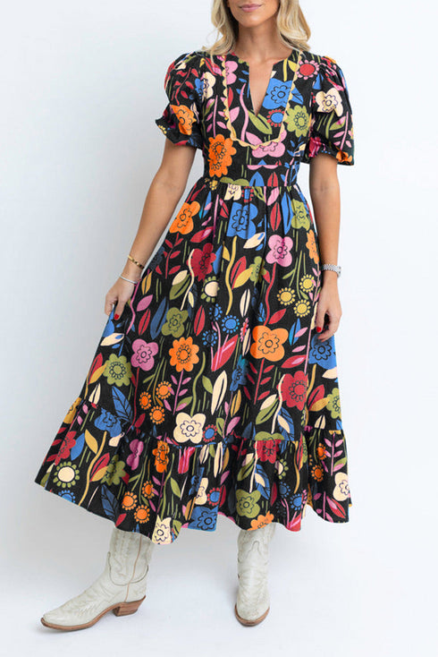 Retro Floral Printed Split Neck Maxi Dress